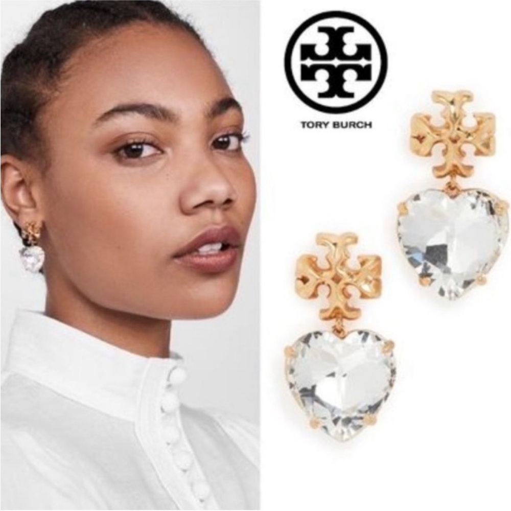 Tory Burch New Roxanne Crystal Brass Heart Drop Earrings - Picture 5 of 16